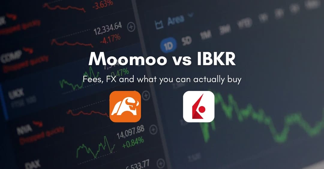 Moomoo 与 IBKR 对比：手续费、换汇，以及你真正能买什么，Moomoo 和 Interactive Brokers 的应用图标置于股价图表之上