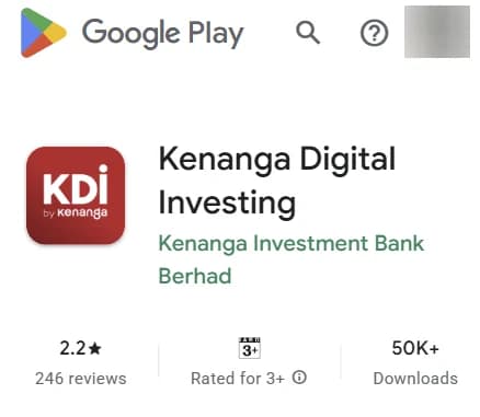 Google Play listing for the Kenanga Digital Investing app showing a 2.2 star rating from 246 reviews and 50K+ downloads