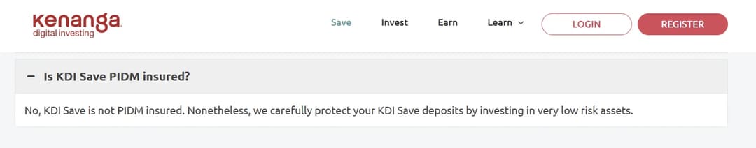 Kenanga Digital Investing FAQ entry reading "Is KDI Save PIDM insured? No, KDI Save is not PIDM insured."