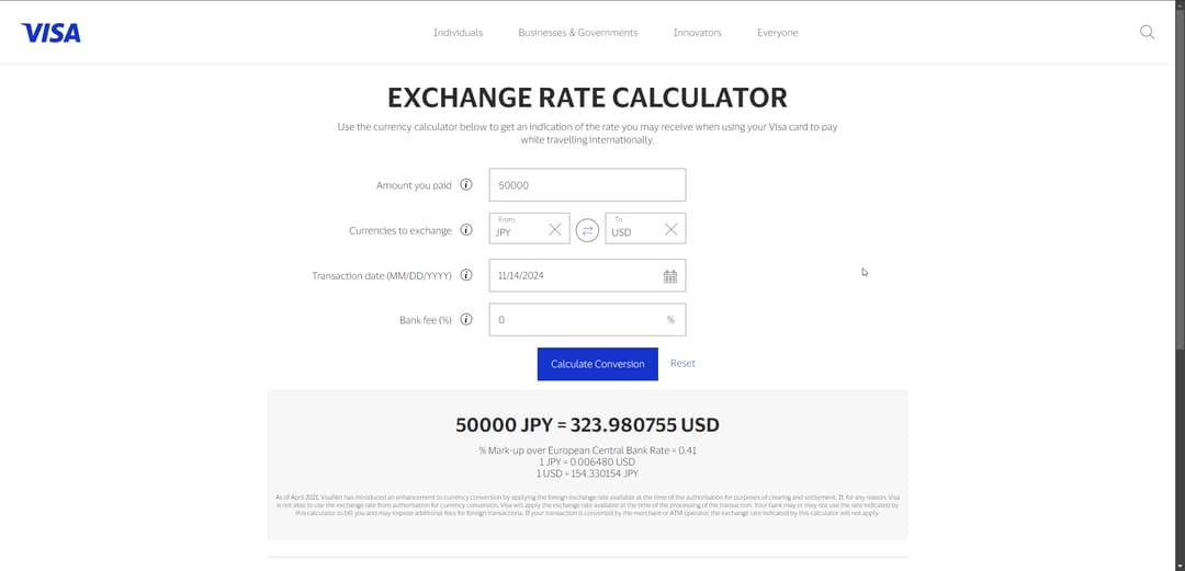 visa exchange rate