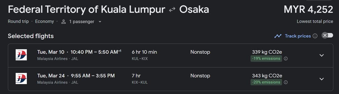 malaysia airlines flight to osaka