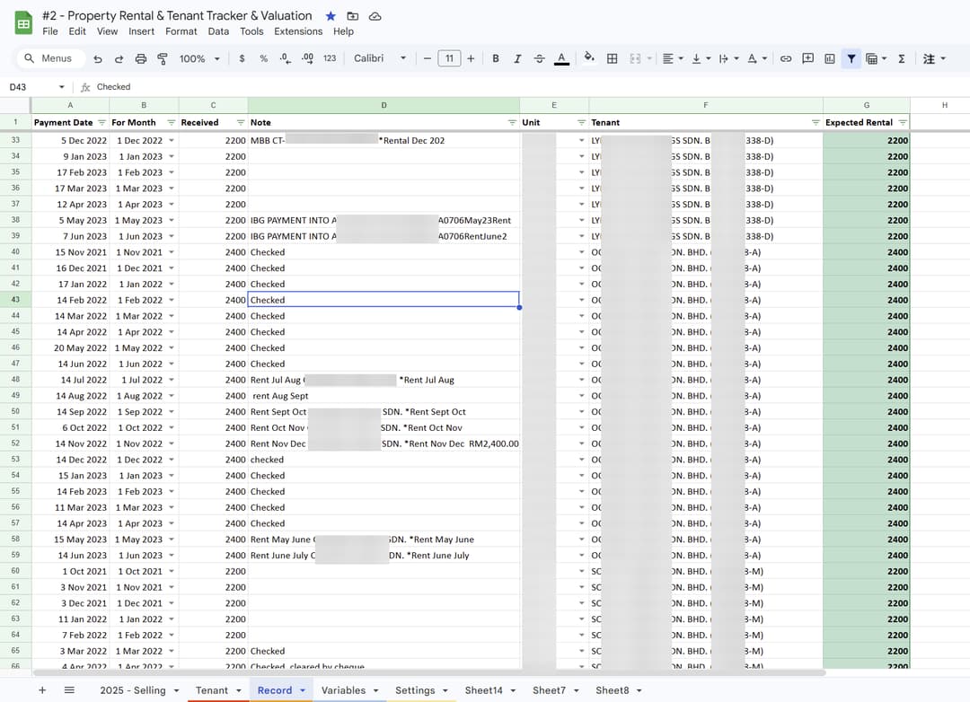 messy spreadsheet for rent management