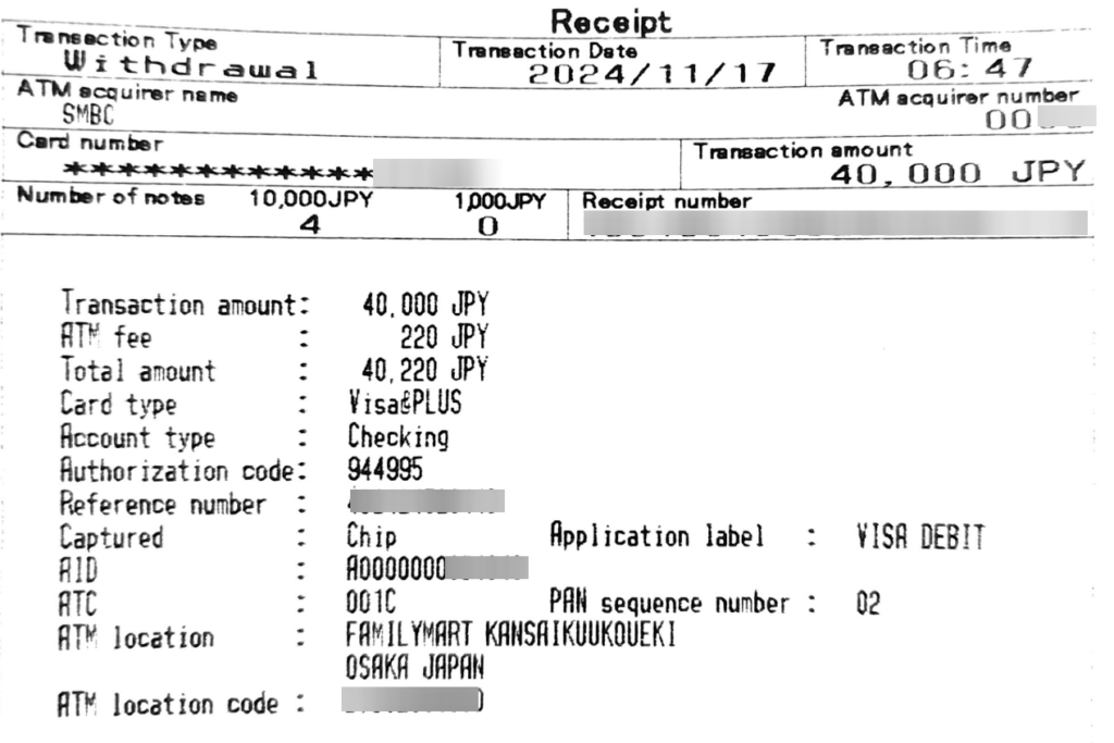 atm withdrawal receipt in japan