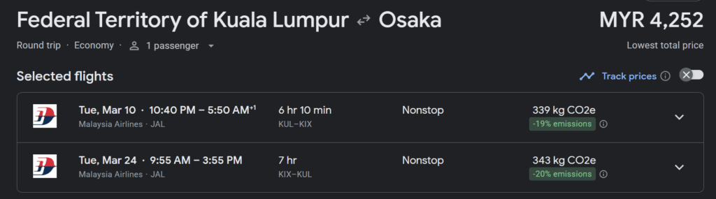 malaysia airlines flight to osaka