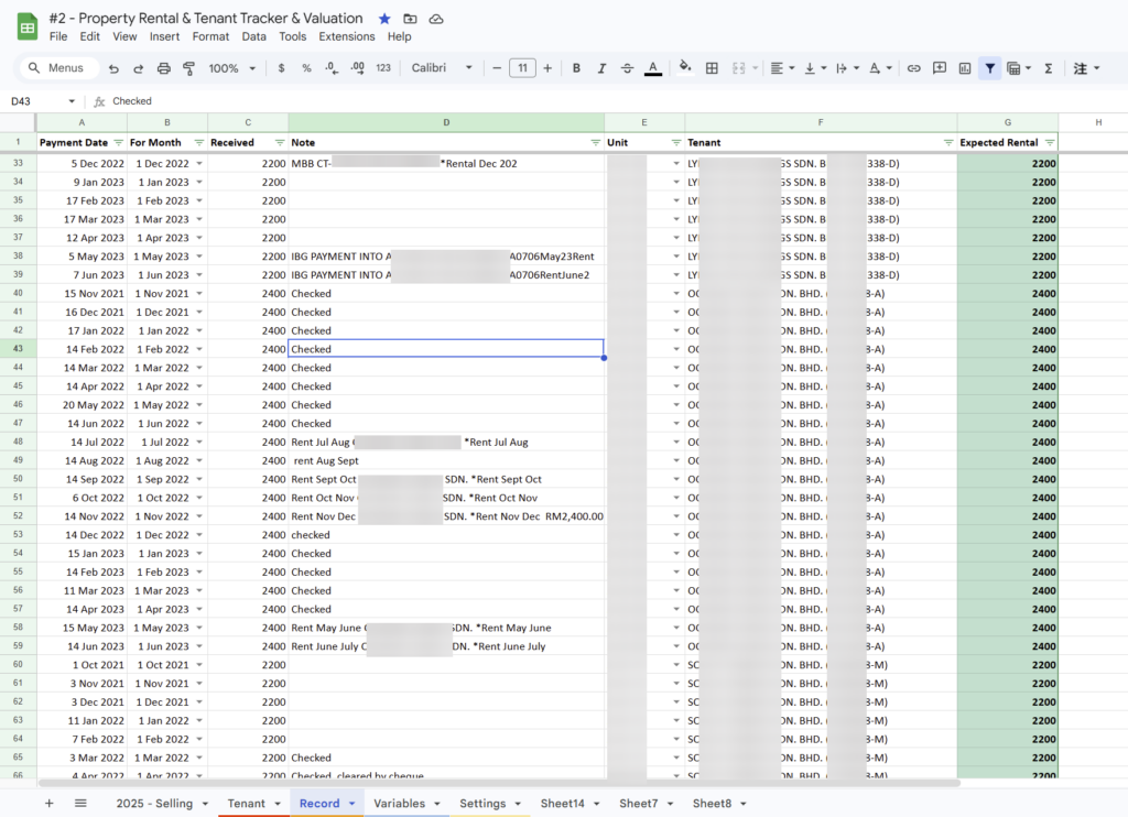 messy spreadsheet for rent management